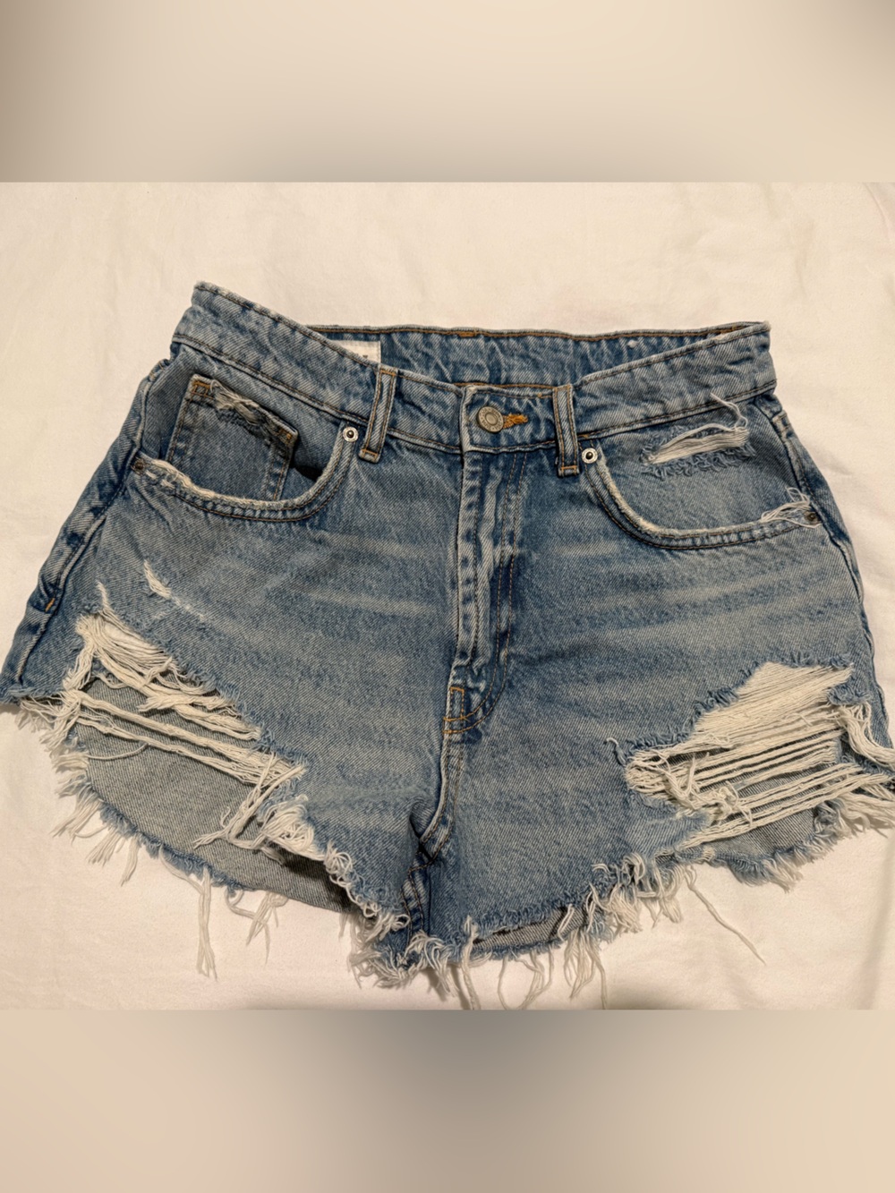 Zara Light Blue Distressed Frayed Denim Shorts
